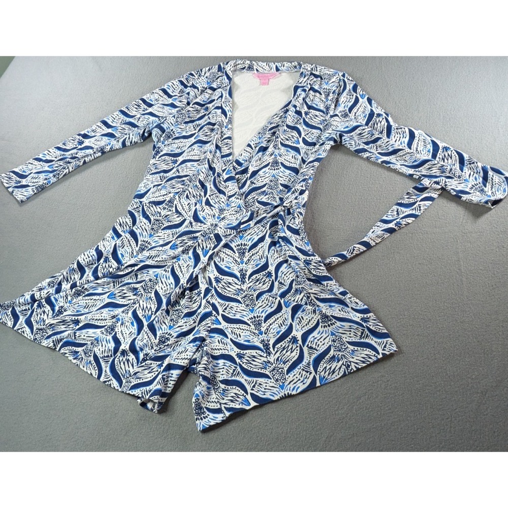 Lilly Pulitzer Womens Karlie Wrap Front Romper Size S Blue White Feather Print